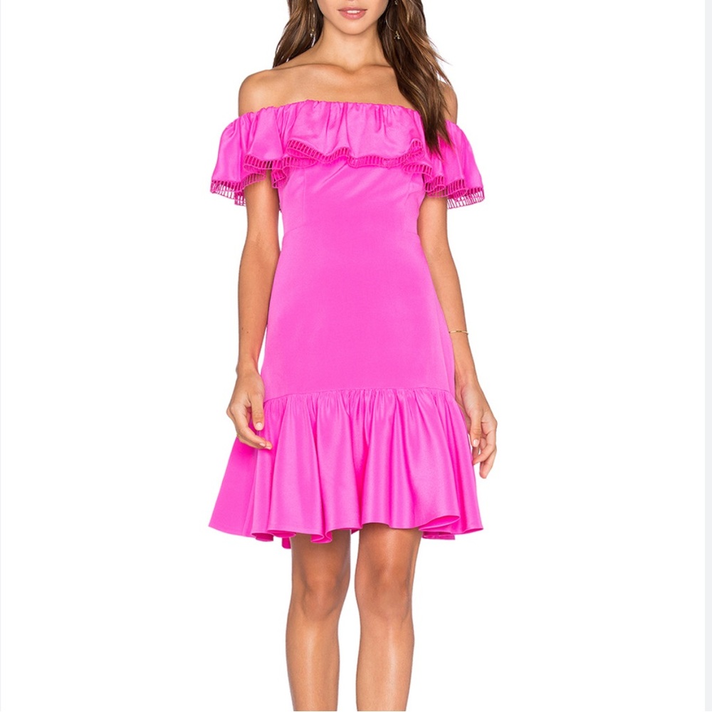 Rebecca Taylor $550 Off-Shoulder Mini Dress Size 8 Fuchsia Pink Ruffle Summer - Picture 1 of 5